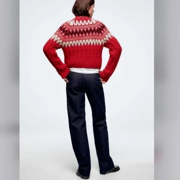 ZARA CABLE KNIT JACQUARD SWEATER Red Fair Isle LONG SLEEVE RED 5802/145 M NEW - Picture 8 of 9